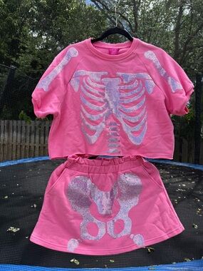 Pink Glitter Skeleton Set - Crop Tee & Skirt